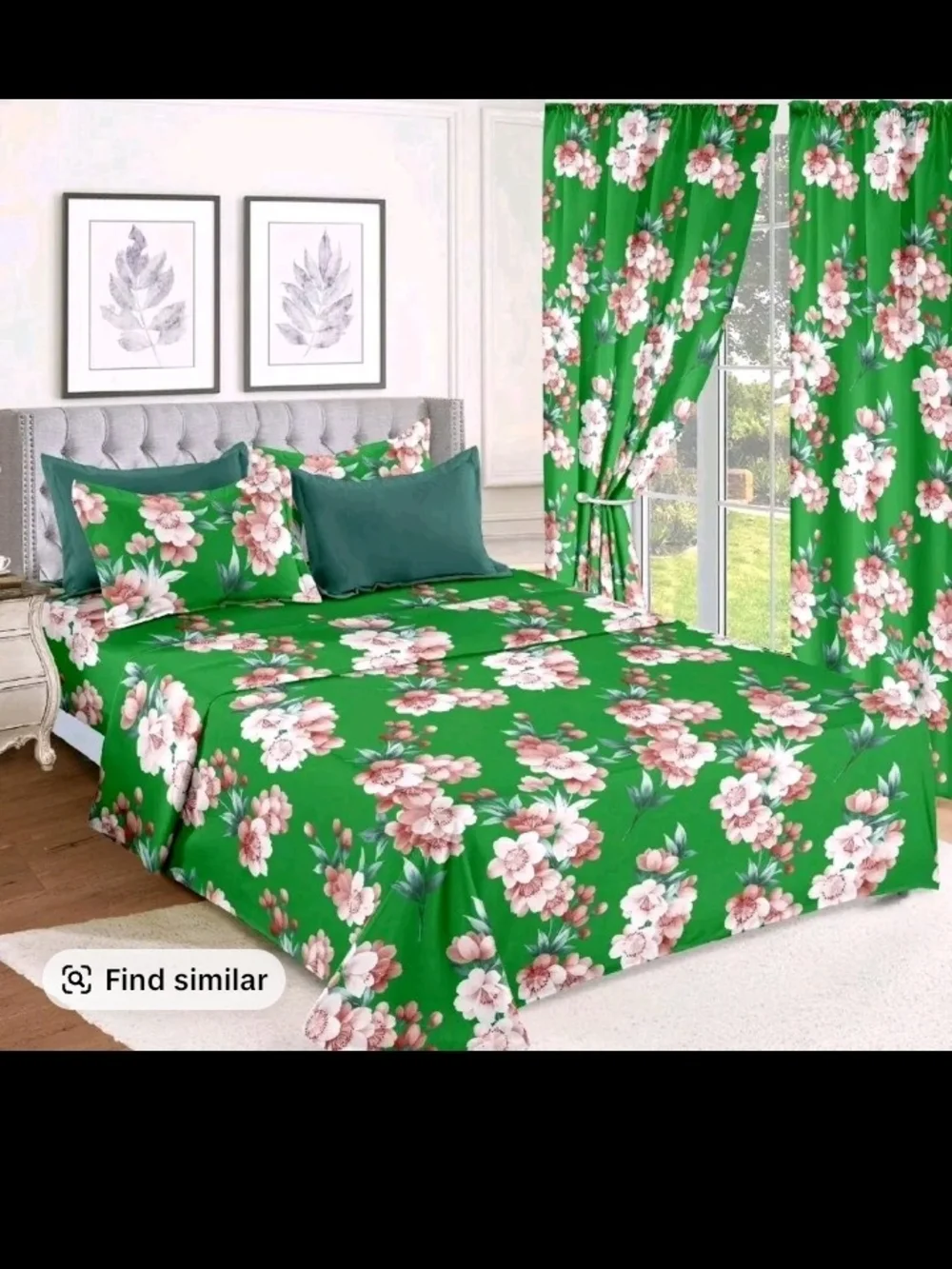Floral Green Bedding Set with Matching Curtains - Vibrant Green Flower Print